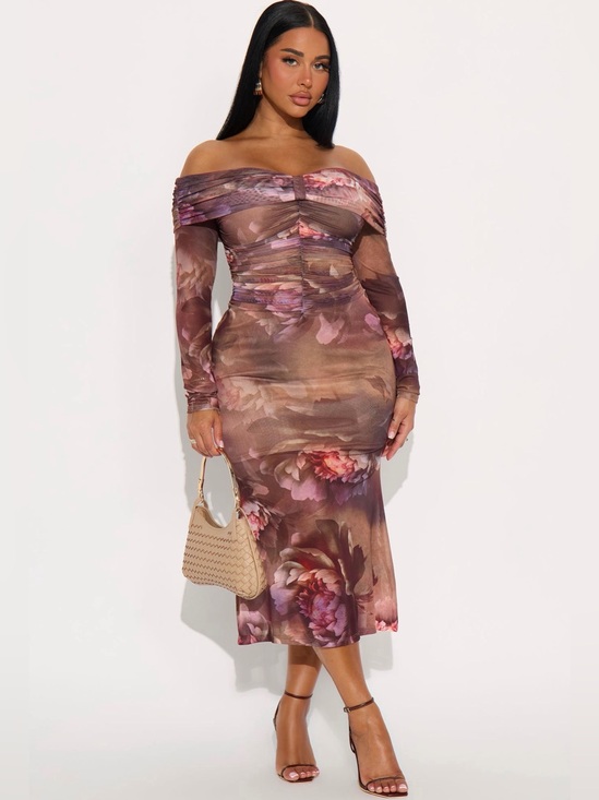 Fashion Nova Dresses & Skirts - Fashion Nova Off-Shoulder Floral Midi Dress in Brown and Pink